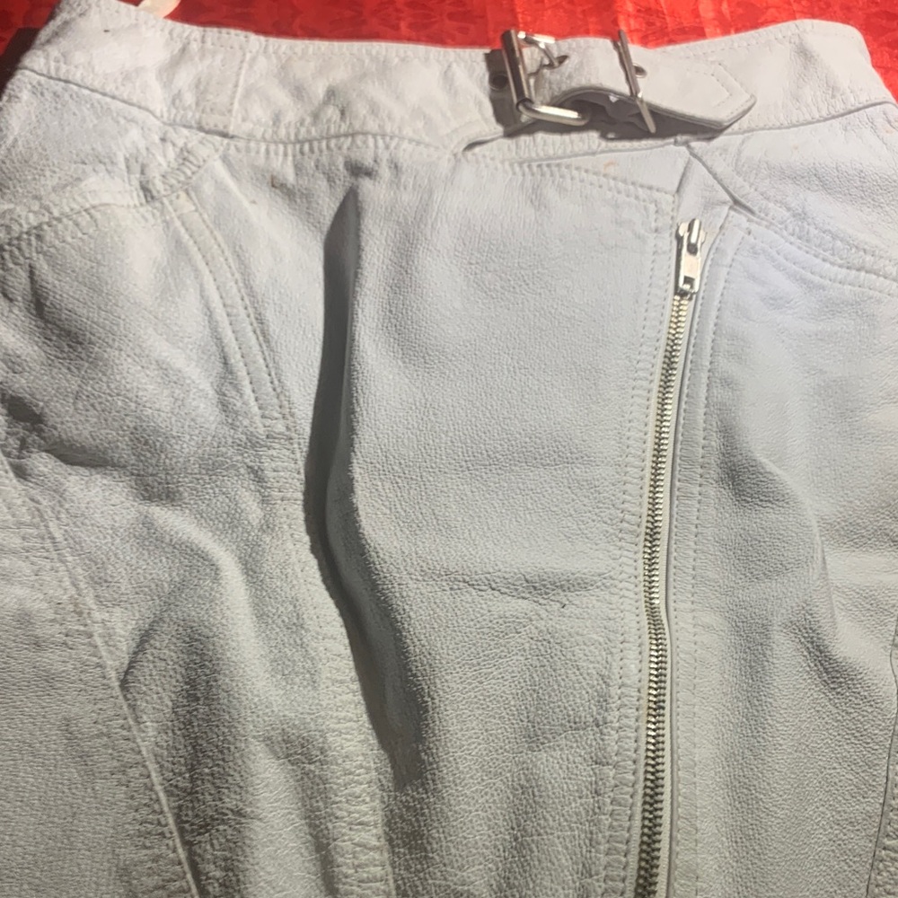 Light Gray Leather Zip Front Skirt with Buckle